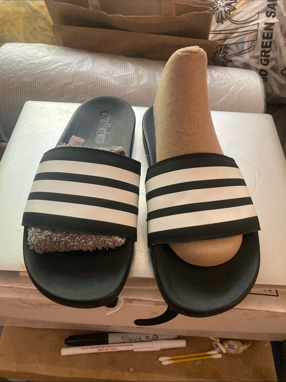 adidas Black and White Slide Sandals with Three Stripes